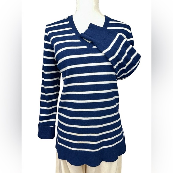 J. Crew Sweaters - J. Crew Womens V-neck Navy Cream Striped Wool Blend Knit Tunic Sweater Sz L